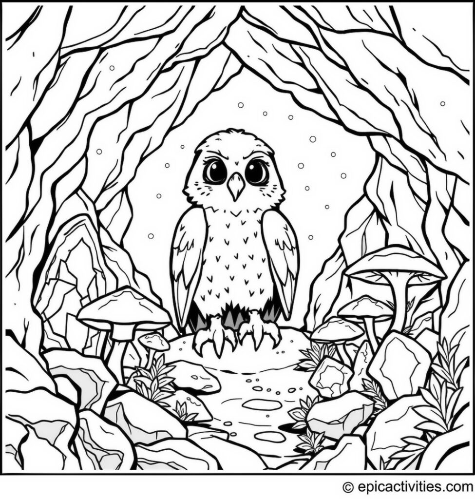 Coloring page of a cute falcon in a magical crystal cavern