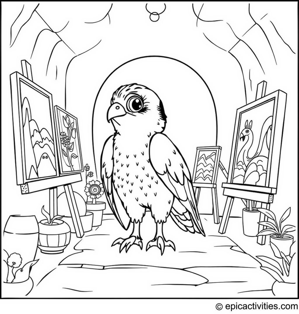 Coloring page of a Cute Falcon in a Whimsical Fantasy Art Gallery