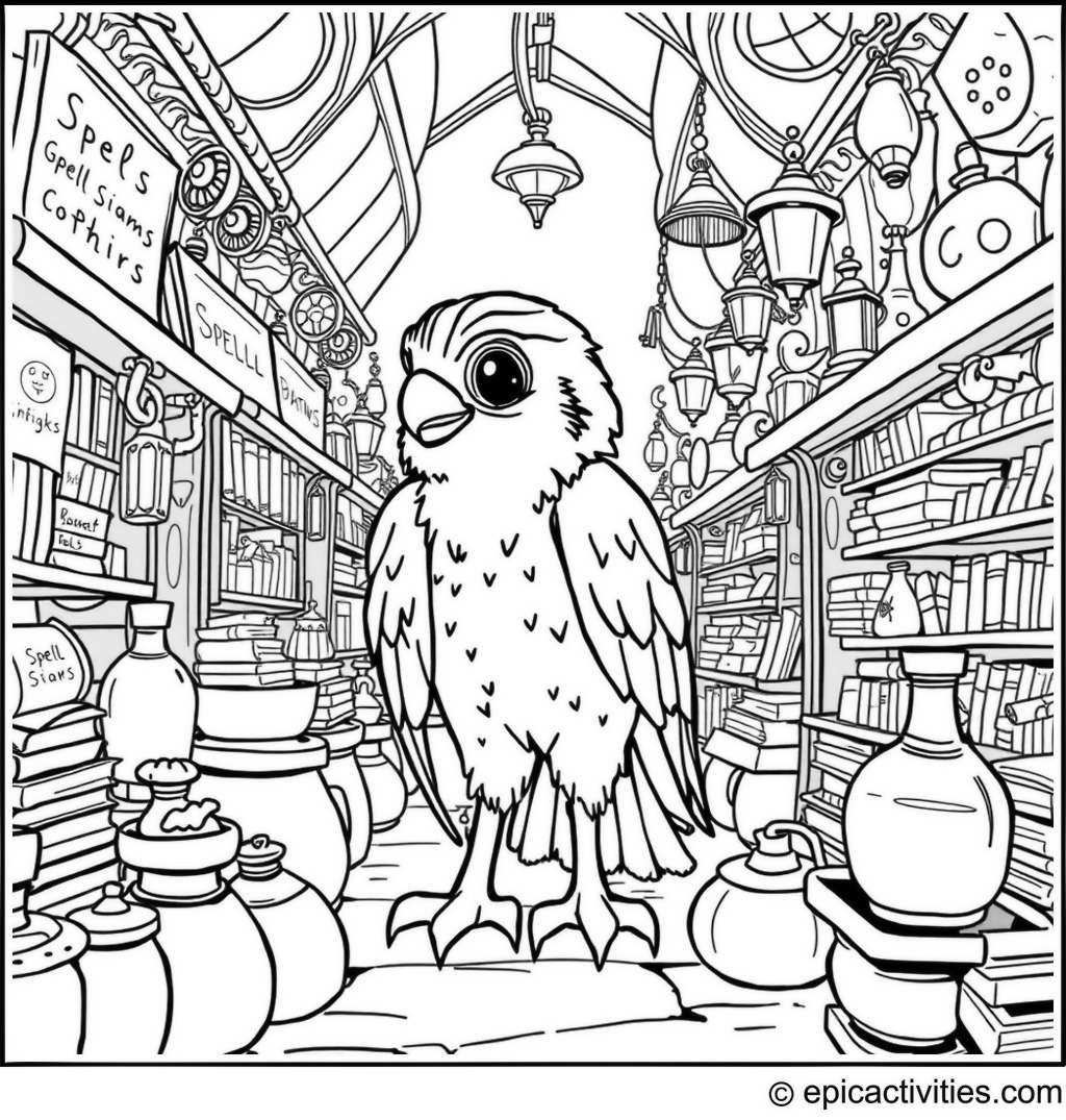 Coloring page of a Cute Falcon in a Wizard Marketplace