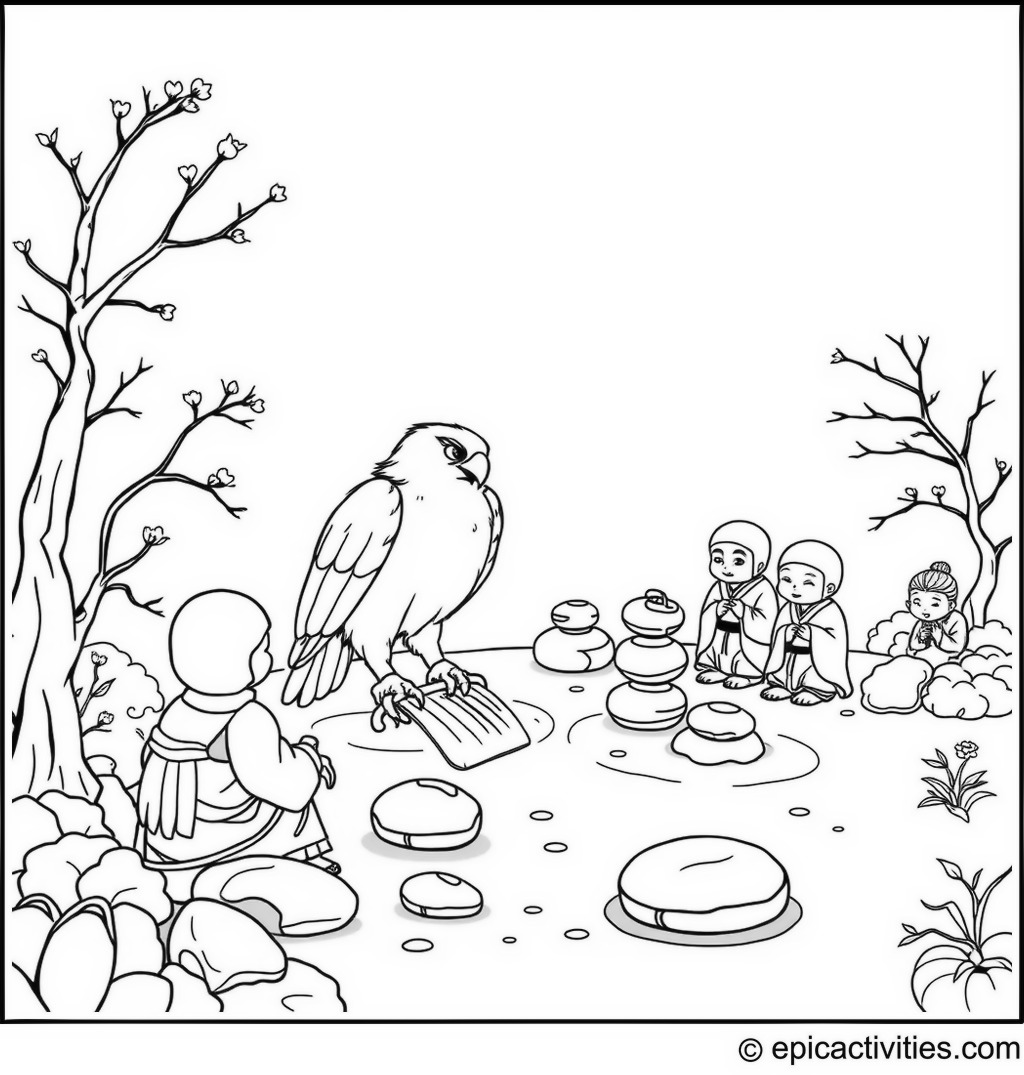 Coloring page of a Cute Falcon in a Zen Garden with Woodland Monks