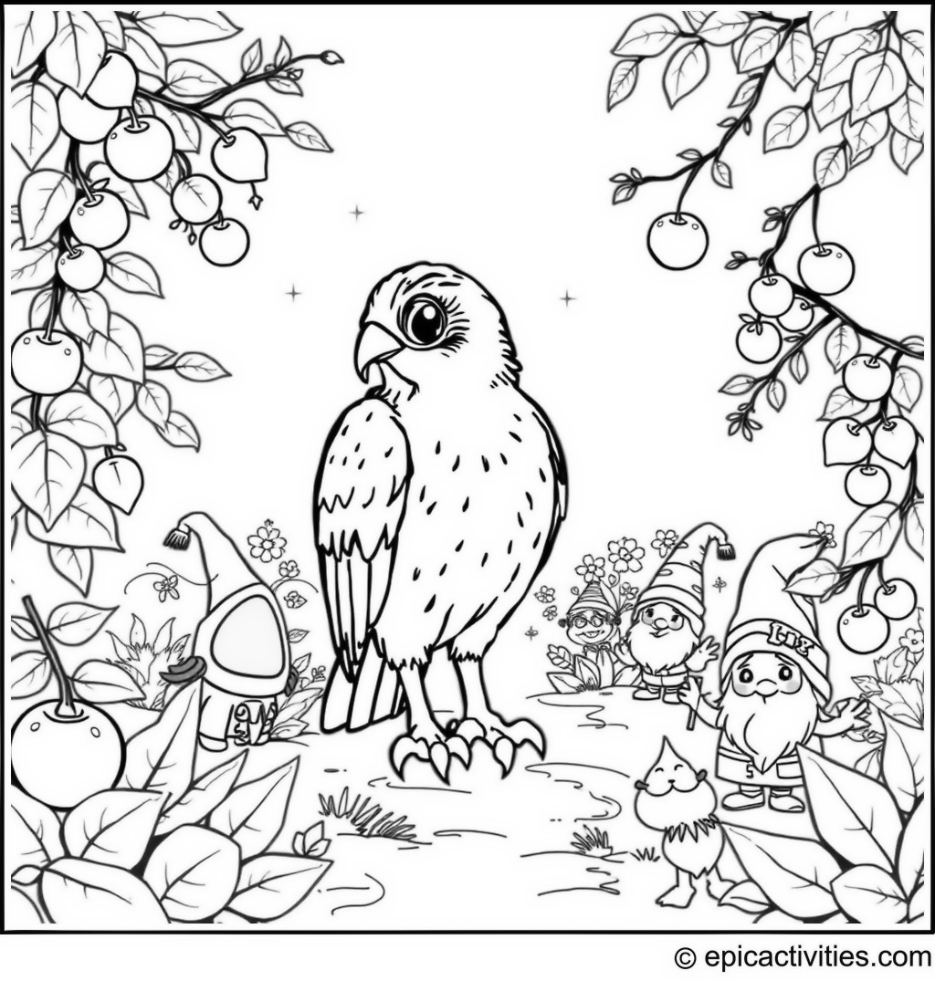 Coloring page of a Cute Falcon in an Enchanted Orchard with Playful Gnomes and Glowing Fruit