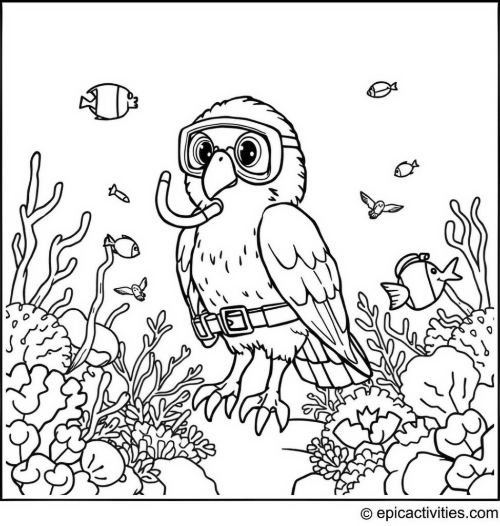 Coloring page of a Cute Falcon in an Underwater Adventure