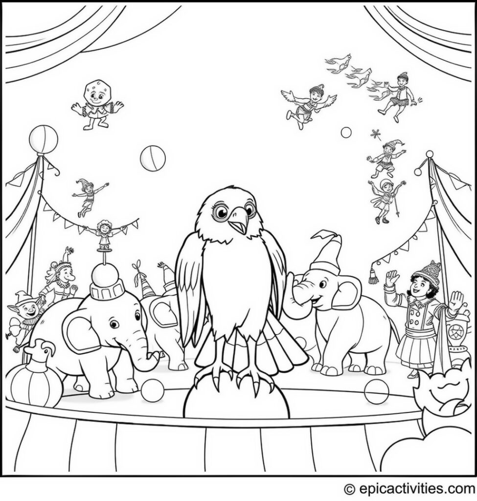 Coloring page of a Cute Falcon Performing in a Circus with Elephants, Clowns, and Acrobats