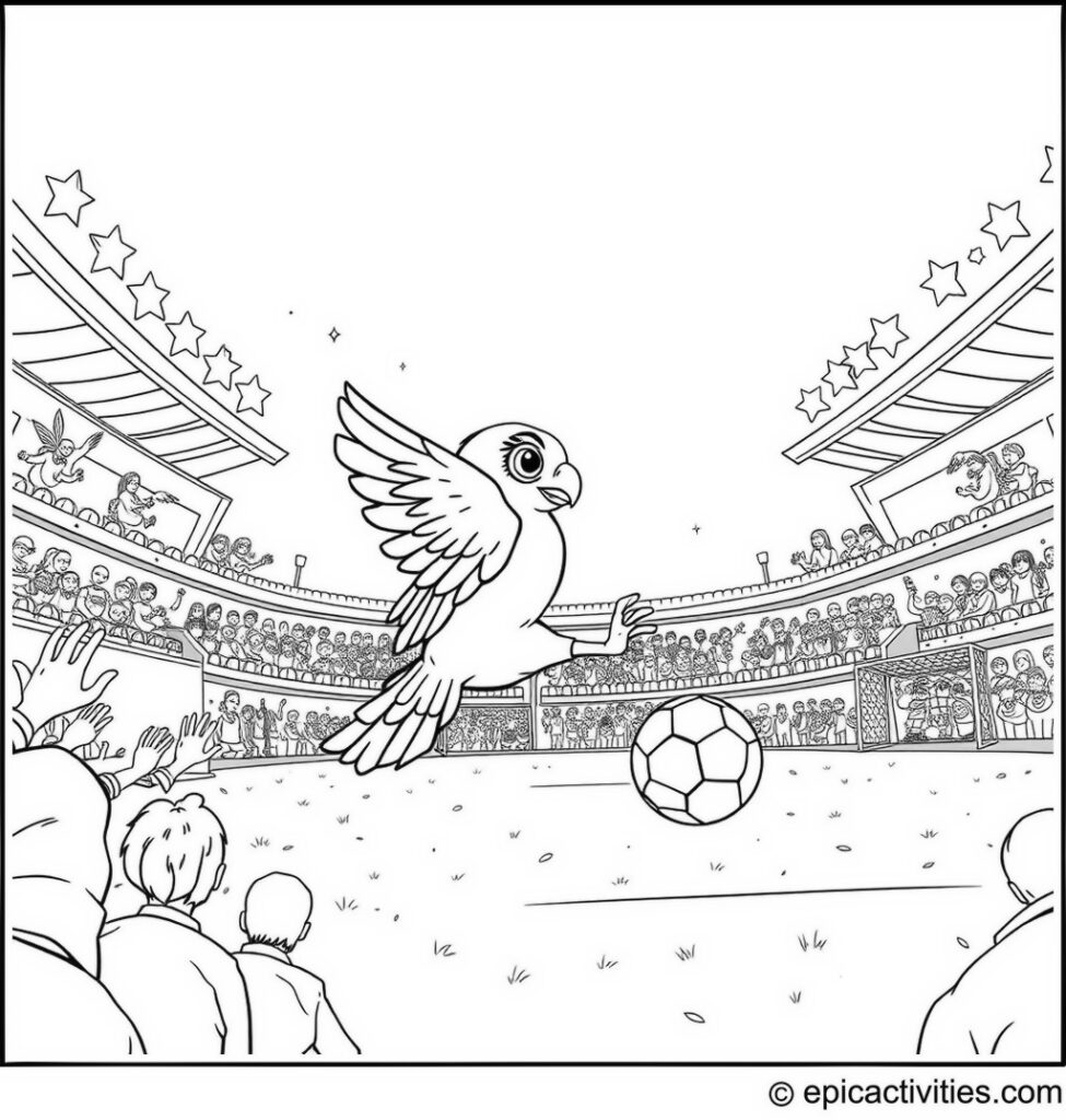 Coloring page of a Cute Falcon Playing Soccer in a Magical Stadium