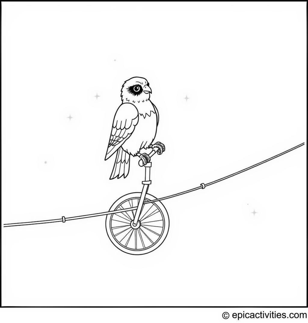 Coloring page of a cute falcon riding a unicycle on a moonlit tightrope