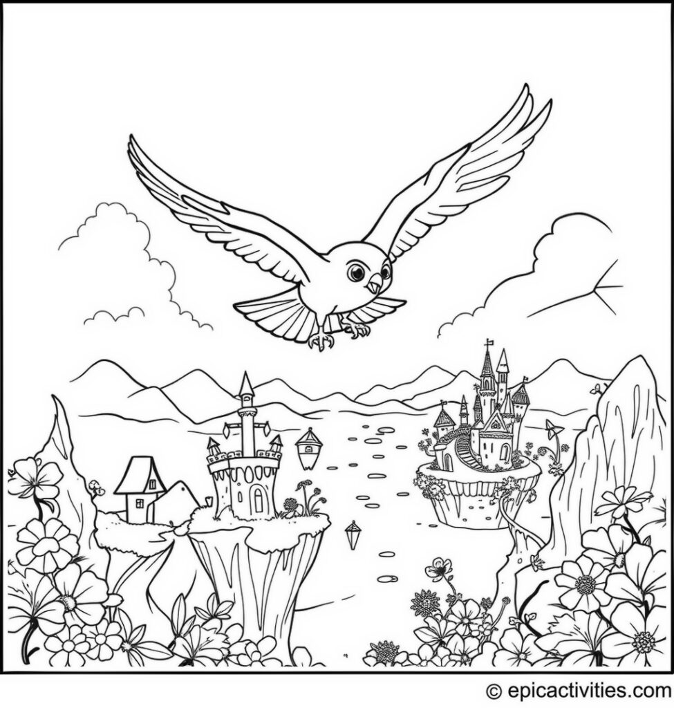 Coloring page of a cute falcon skydiving over a fantasy landscape with floating islands and magical creatures