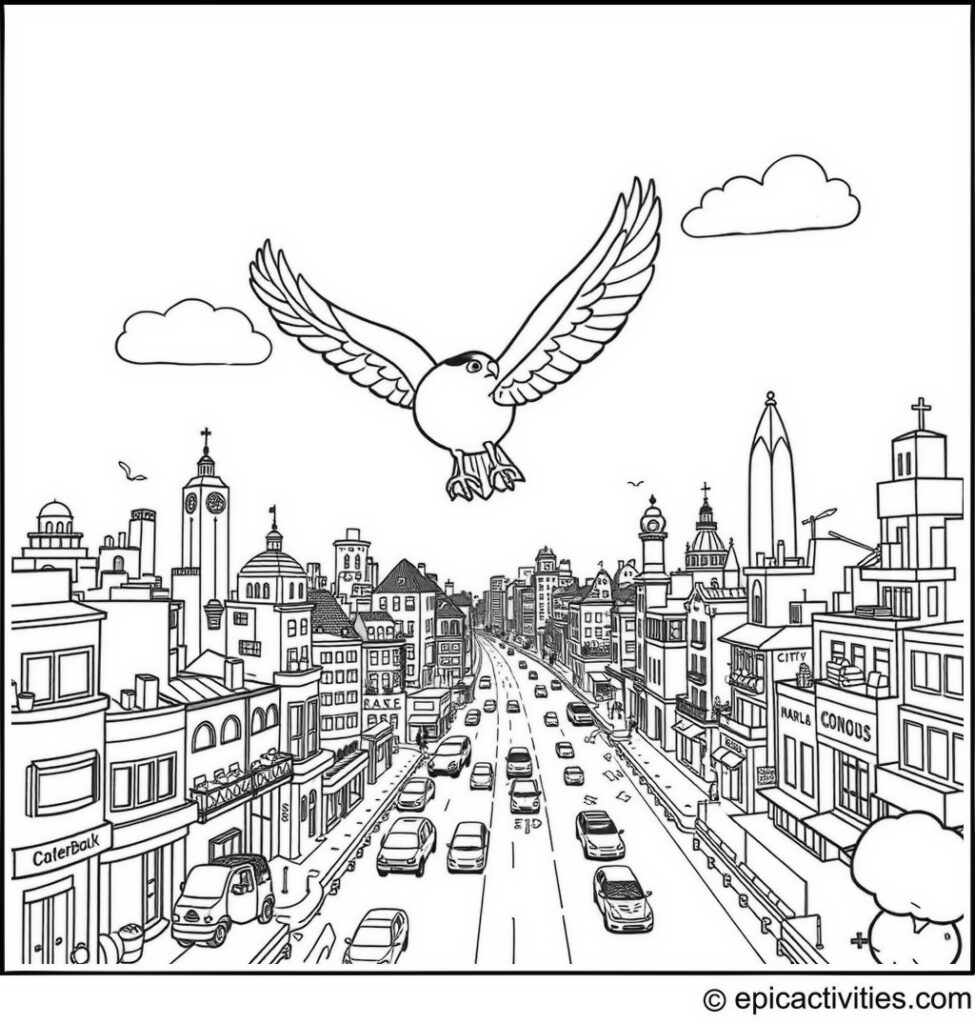 Coloring page of a Cute Falcon Soaring Over a Cartoon Cityscape