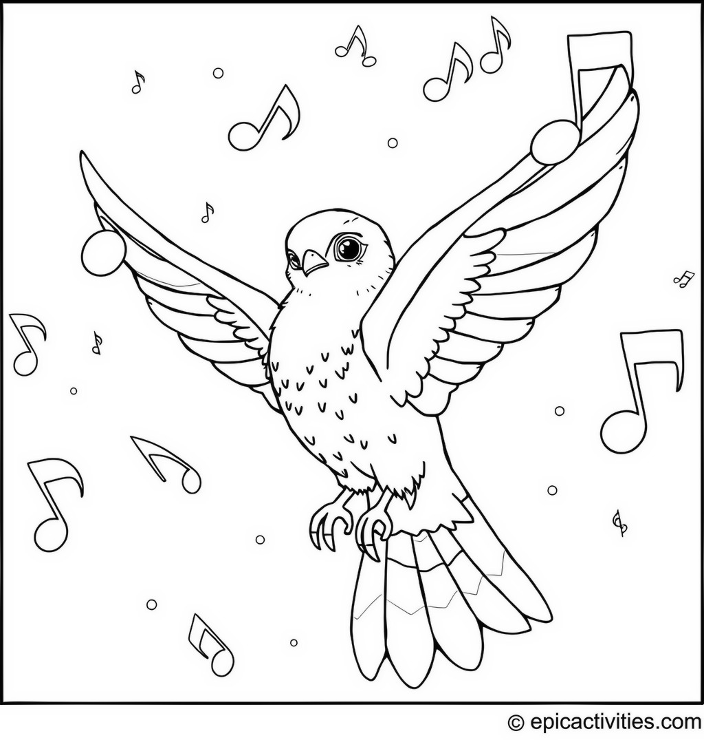 Coloring page of a cute falcon surrounded by floating musical notes in a night sky