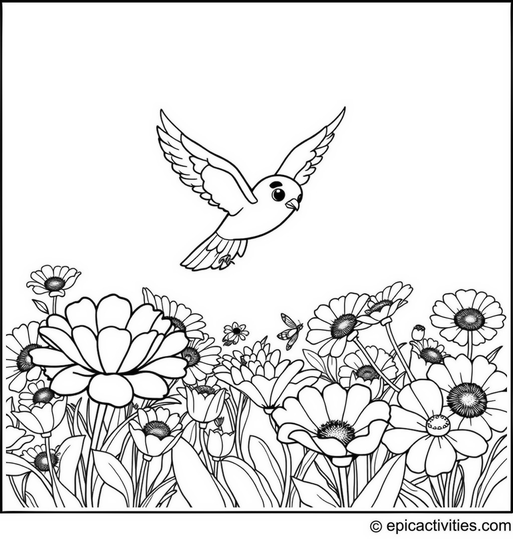 Coloring page of a cute falcon with butterfly wings flying over a field of oversized flowers
