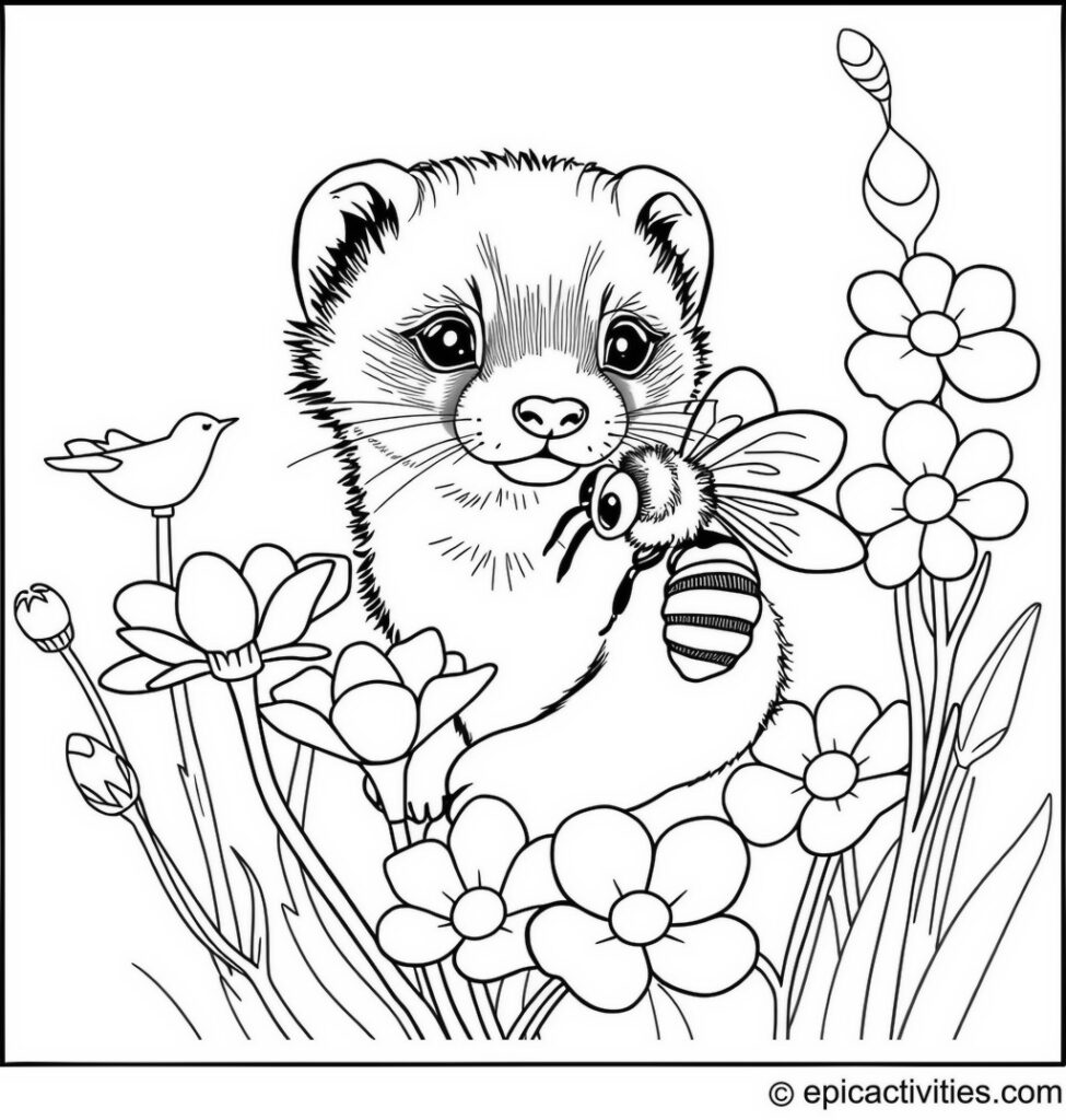 Coloring page of a Cute Ferret Assisting a Bee