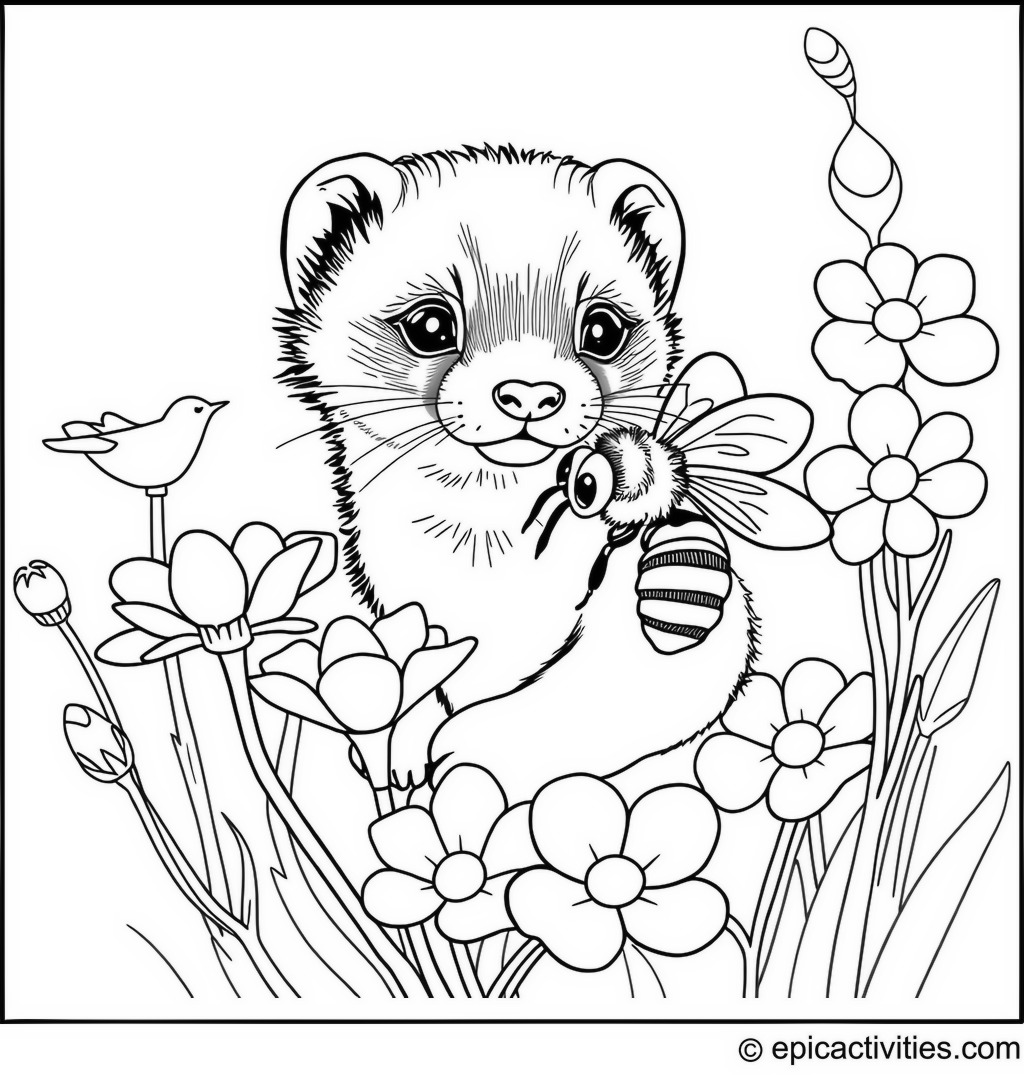 Coloring page of a Cute Ferret Assisting a Bee