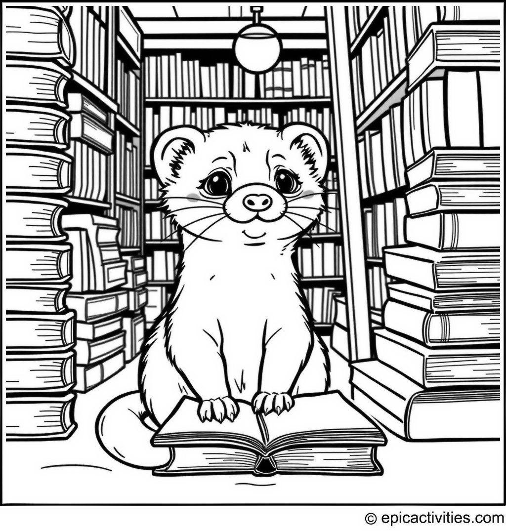 Coloring page of a cute ferret at the library surrounded by books
