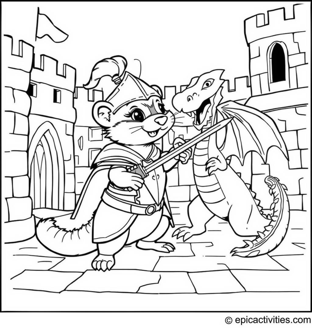 Coloring page of a Cute Ferret Knight Battling a Dragon in a Castle Courtyard
