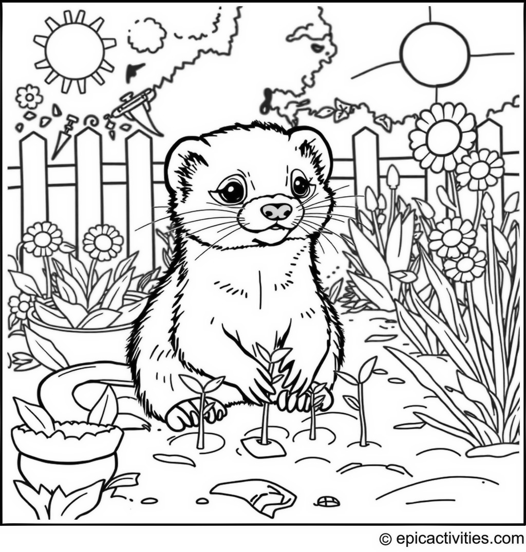 Coloring page of a Cute Ferret Planting Seeds in a Community Garden