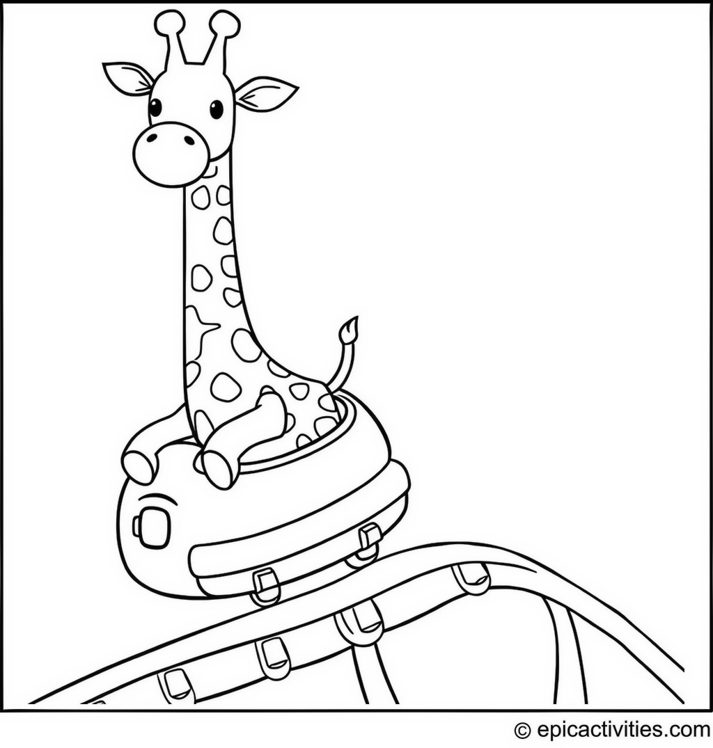 Coloring page of a Cute Giraffe Riding a Roller Coaster