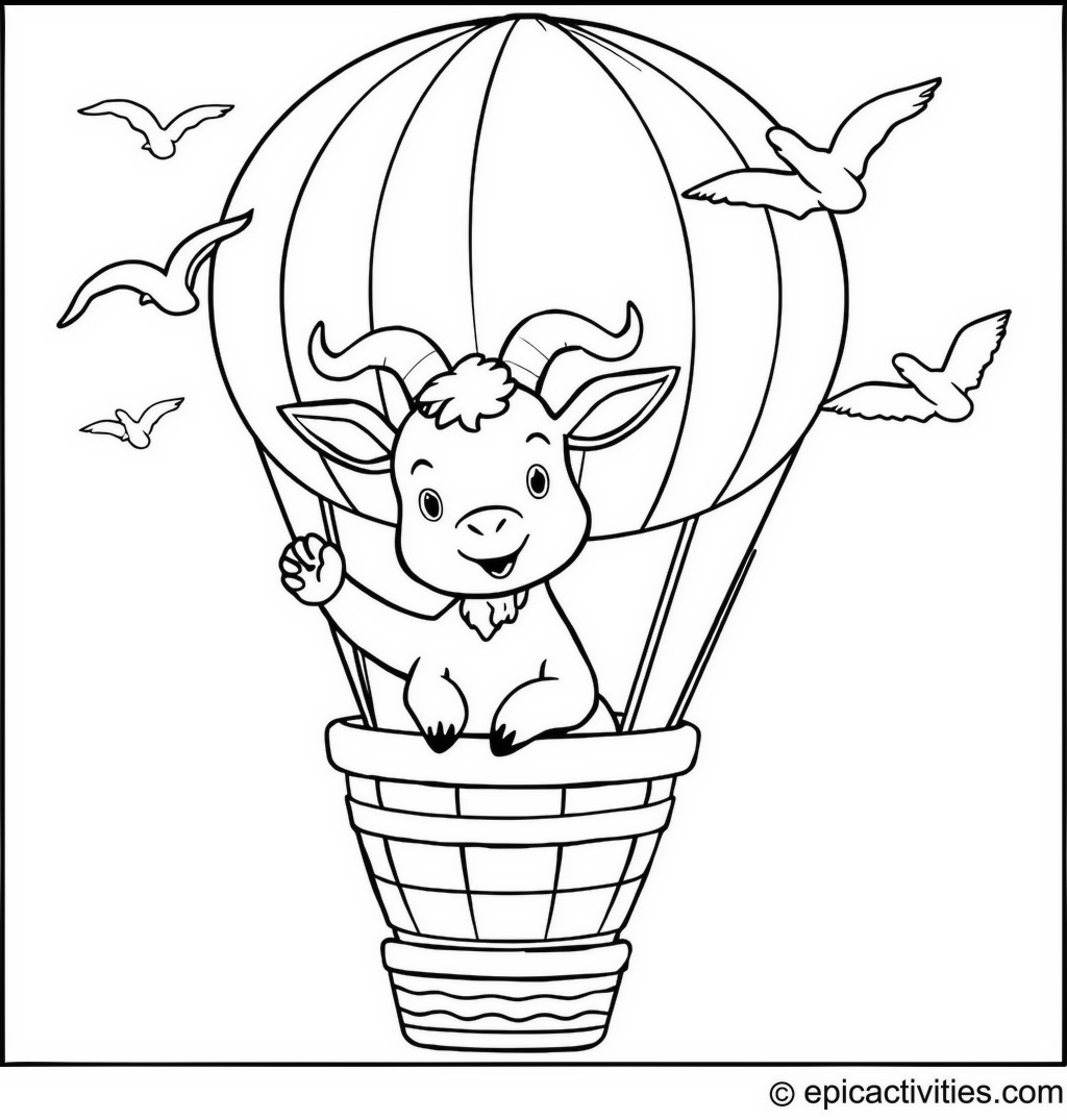 Coloring page of a Cute Goat in a Hot Air Balloon