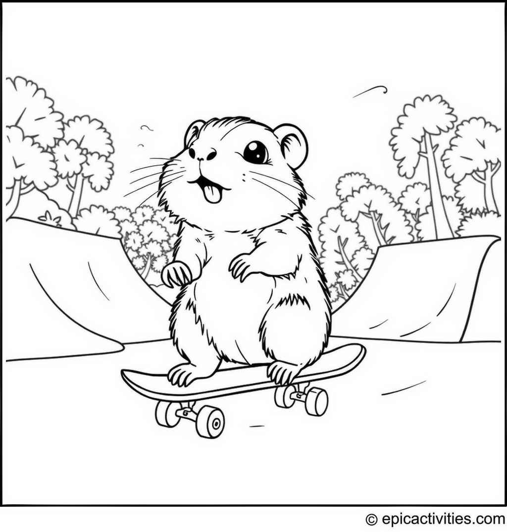 Coloring page of a cute gopher riding a skateboard at a fun skate park