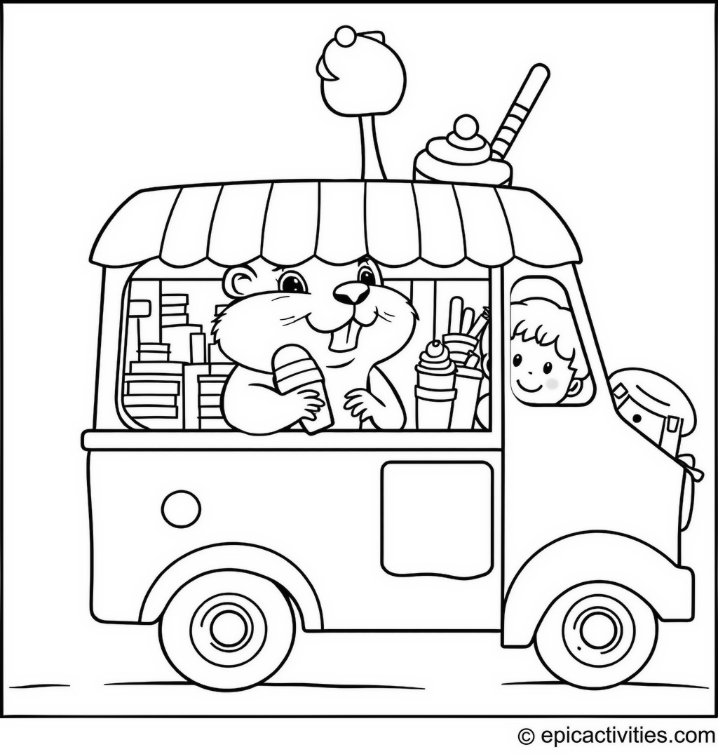 Coloring page of a cute gopher running an ice cream truck