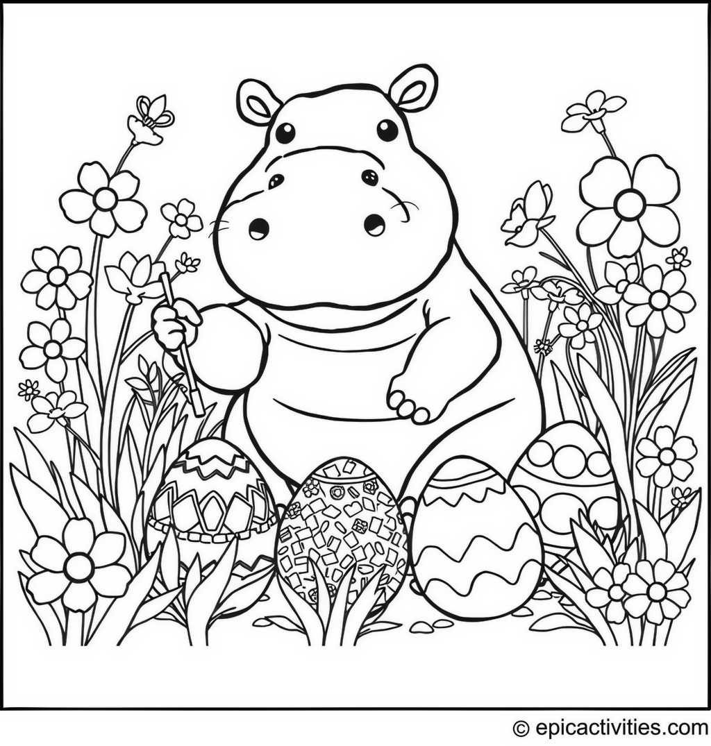 Coloring page of a Cute Hippopotamus Painting Easter Eggs