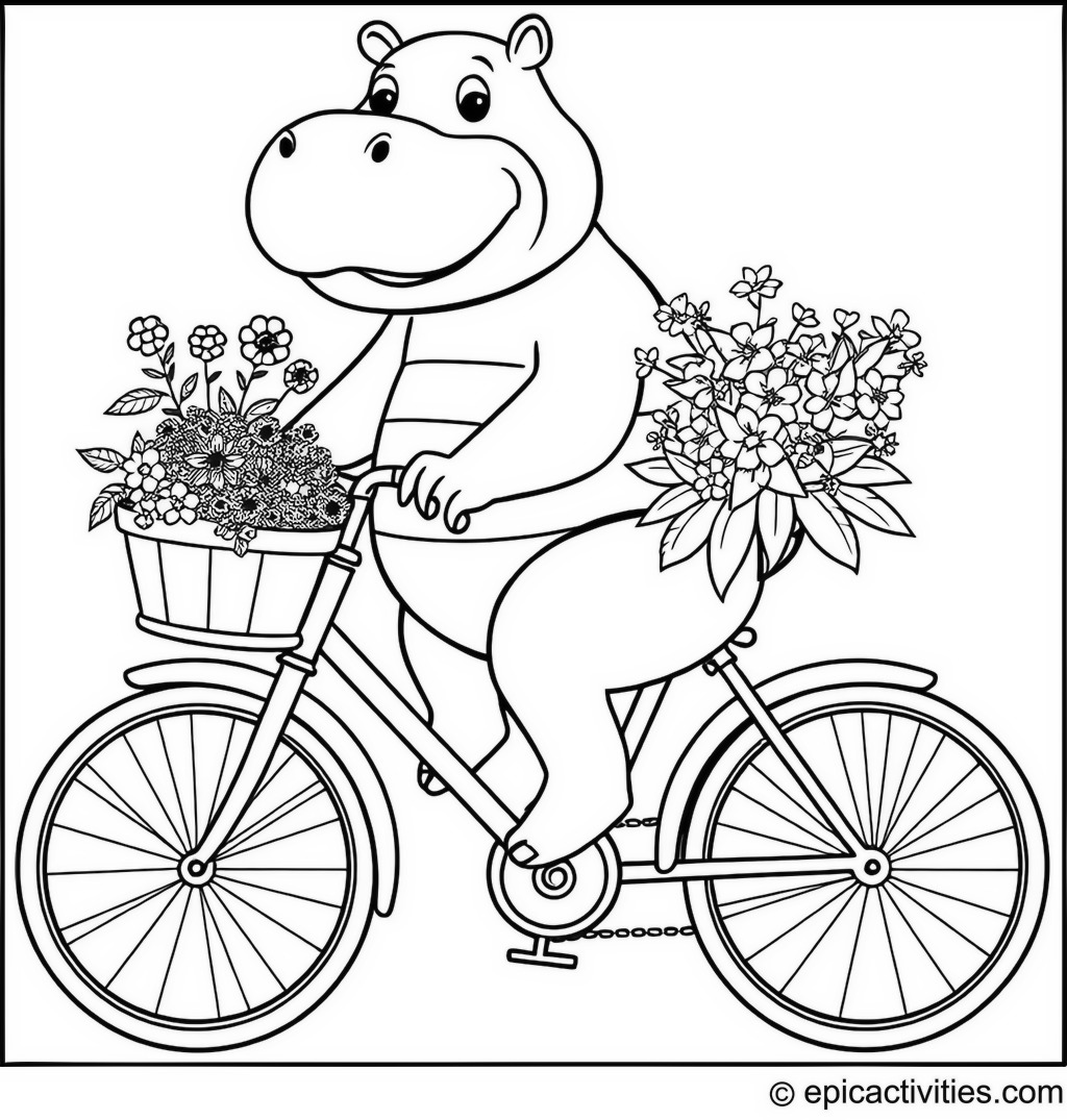 Coloring page of a Cute Hippopotamus Riding a Bicycle with a Basket of Flowers