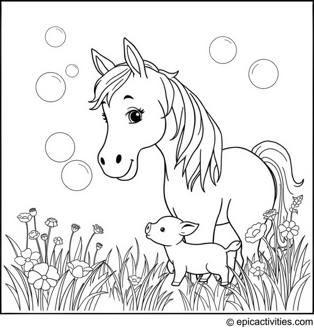 Coloring page of a cute horse and piglet blowing bubbles in a whimsical meadow