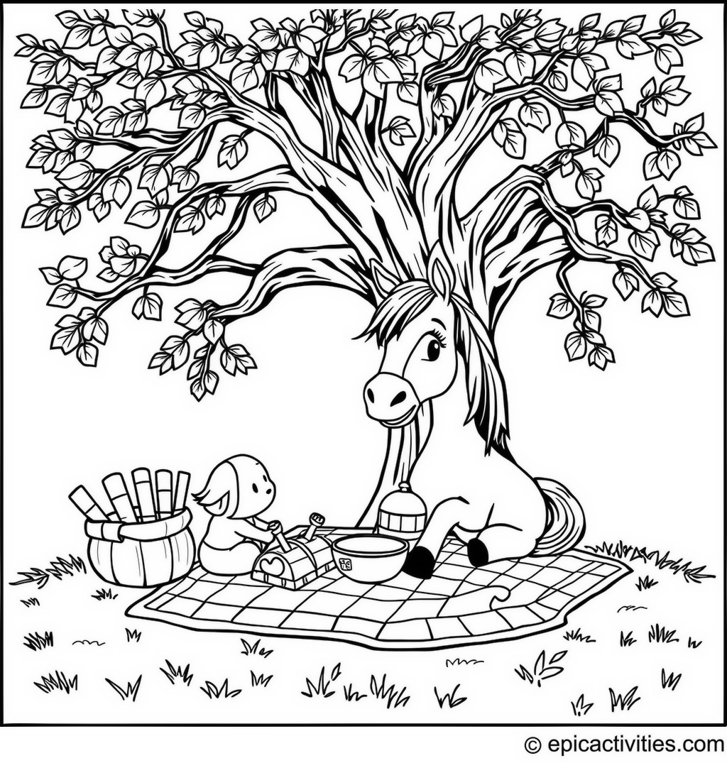 Coloring page of a cute horse having a picnic under a cartoon oak tree with friends