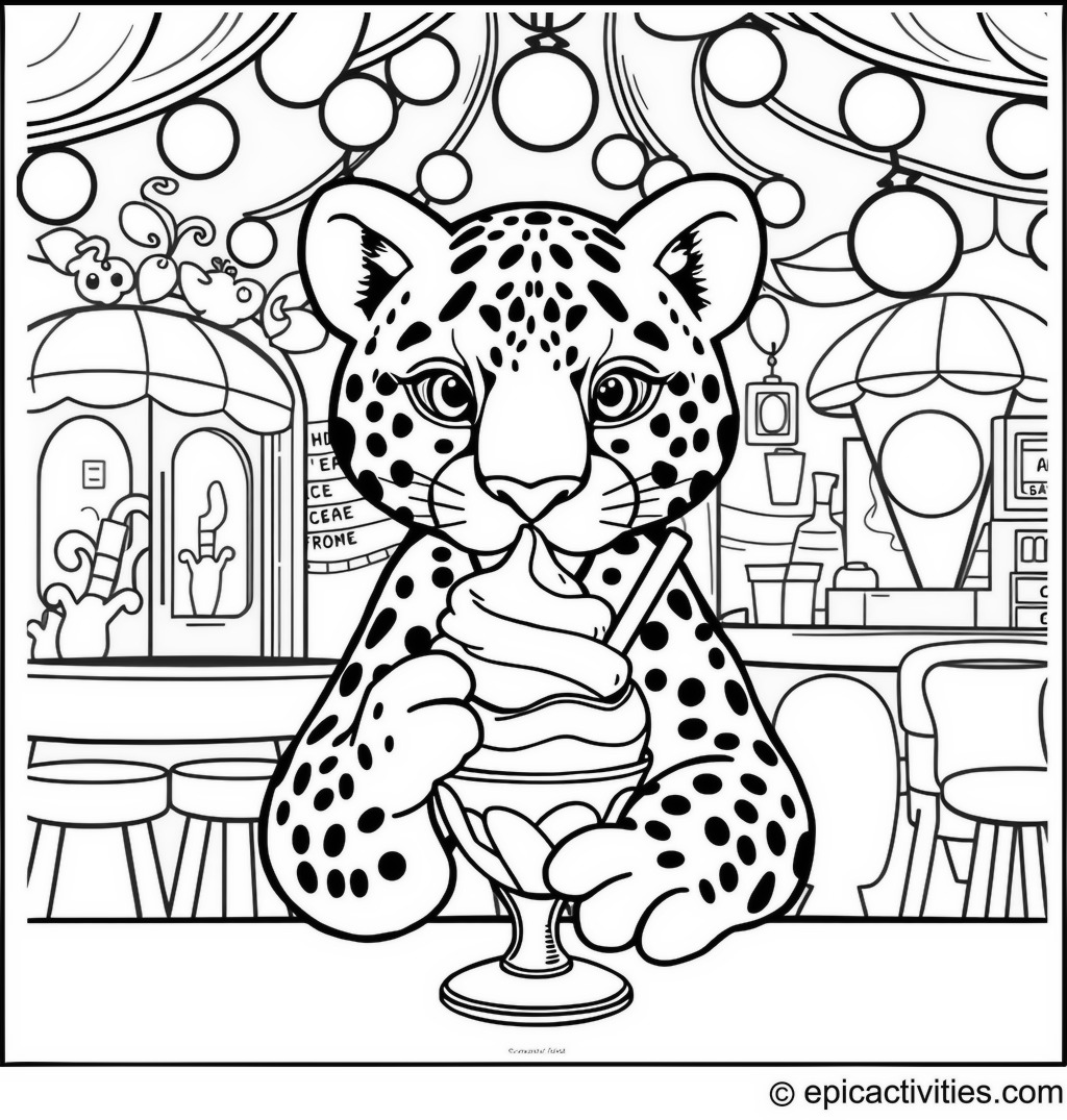 Coloring page of a cute jaguar enjoying an ice cream sundae at a whimsical ice cream parlor