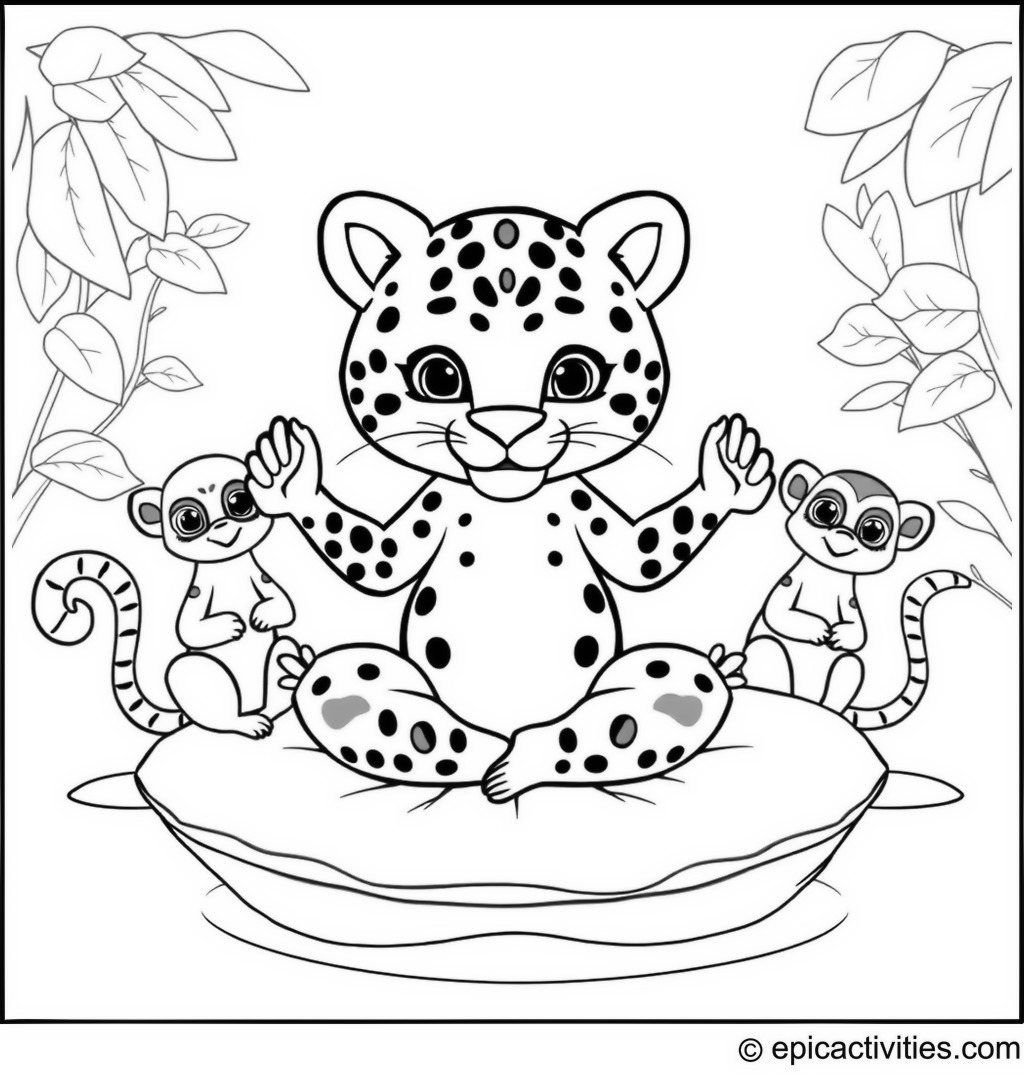 Coloring page of a cute jaguar practicing yoga with cartoon lemurs on a floating lily pad
