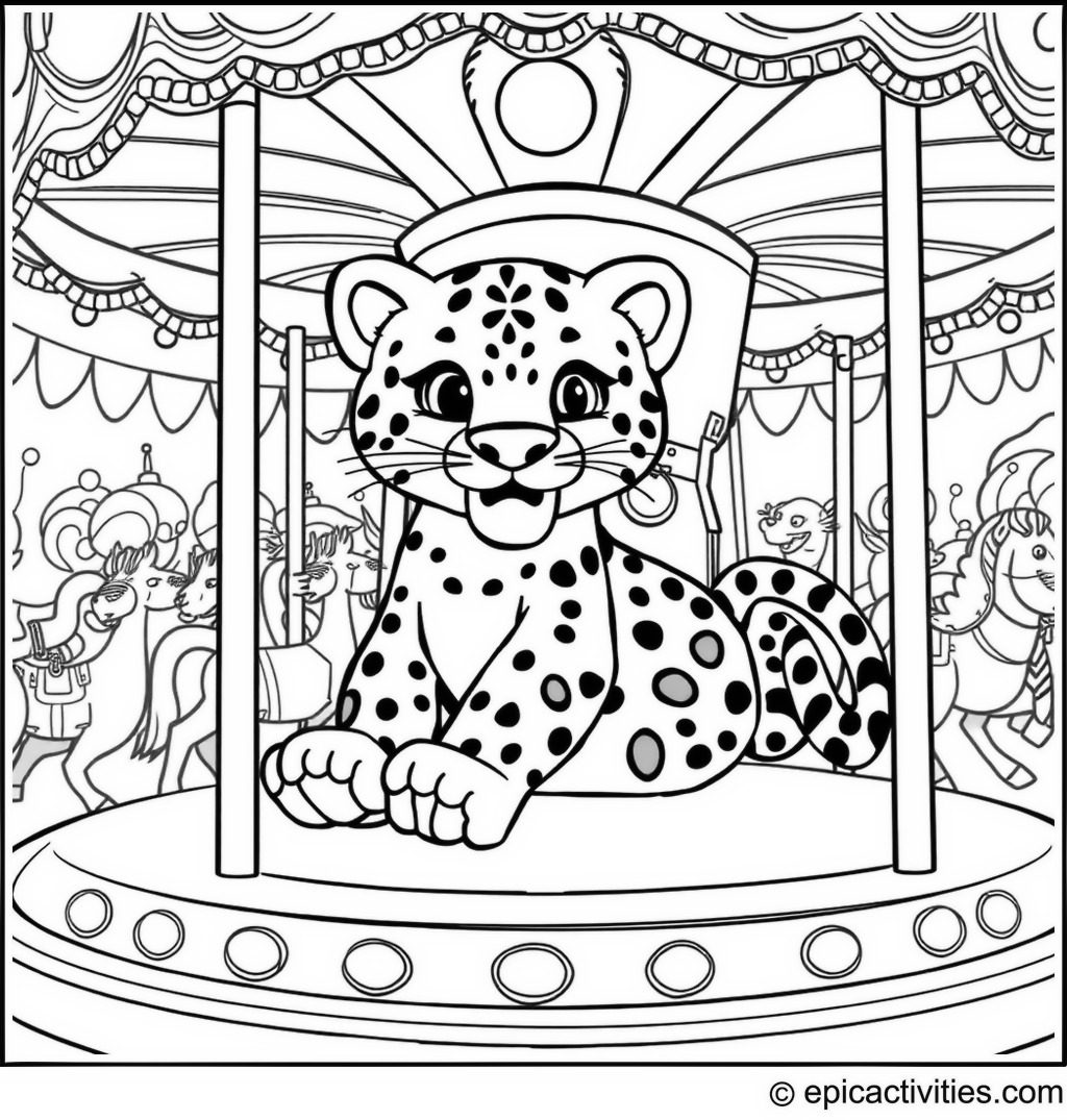 Coloring page of a cute jaguar riding a merry-go-round in a colorful cartoon fair