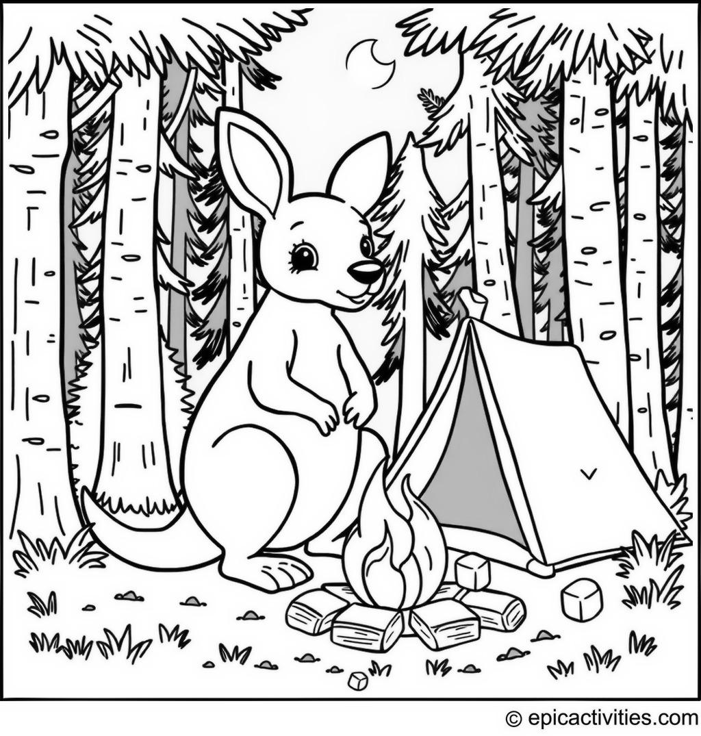 Coloring page of a Cute Kangaroo Camping in the Forest