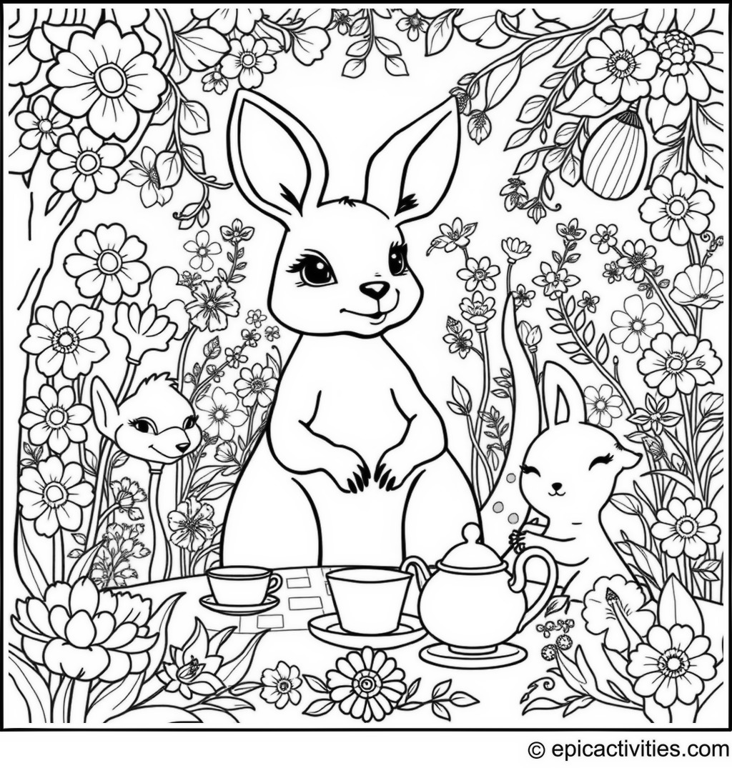 Coloring page of a Cute Kangaroo Hosting a Tea Party in an Enchanted Garden