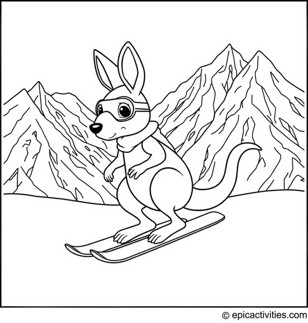 Coloring page of a Cute Kangaroo on a Winter Sports Adventure