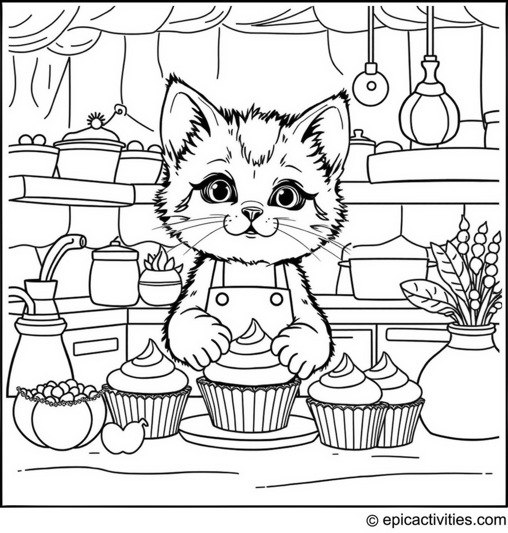 Coloring page of a cute kitten baking cupcakes in a whimsical kitchen