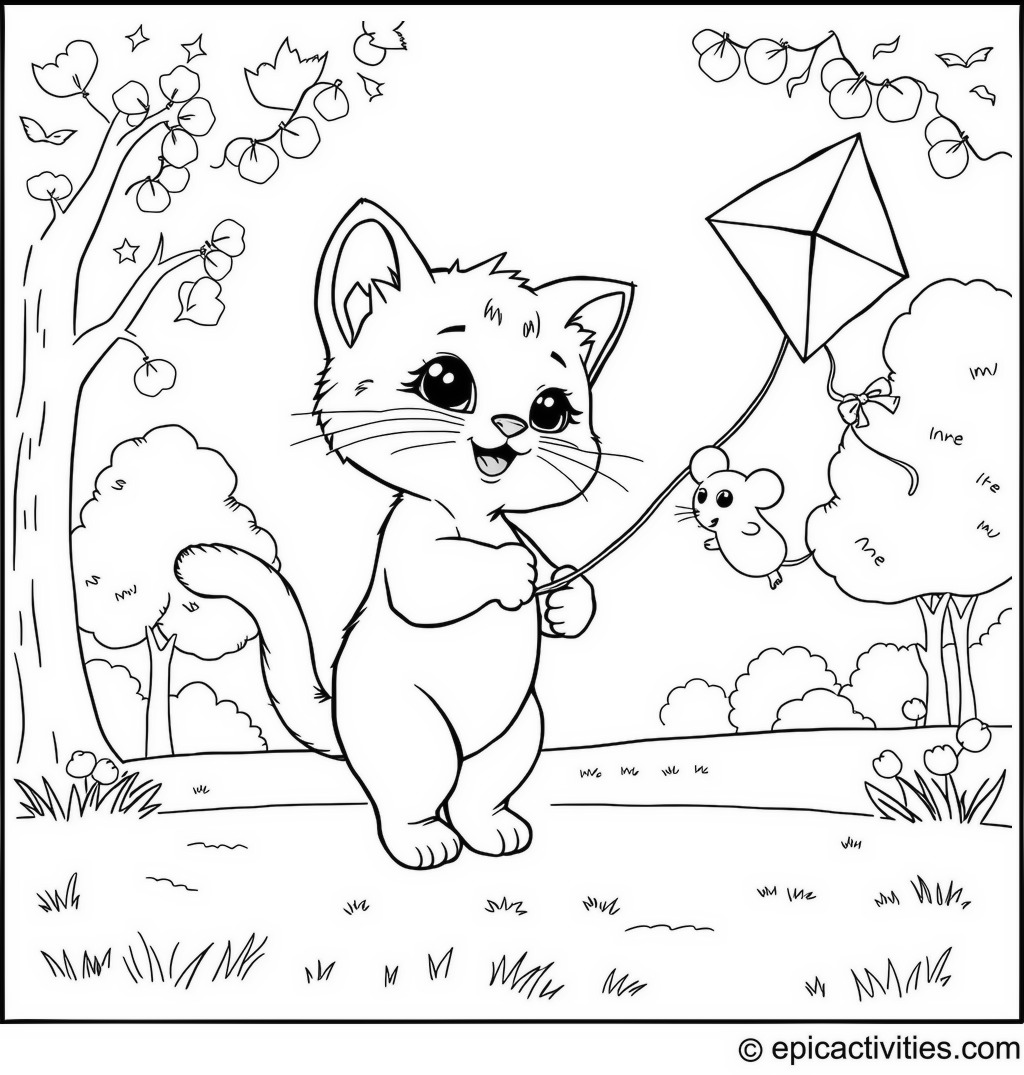 Coloring page of a cute kitten flying a mouse-shaped kite in the park