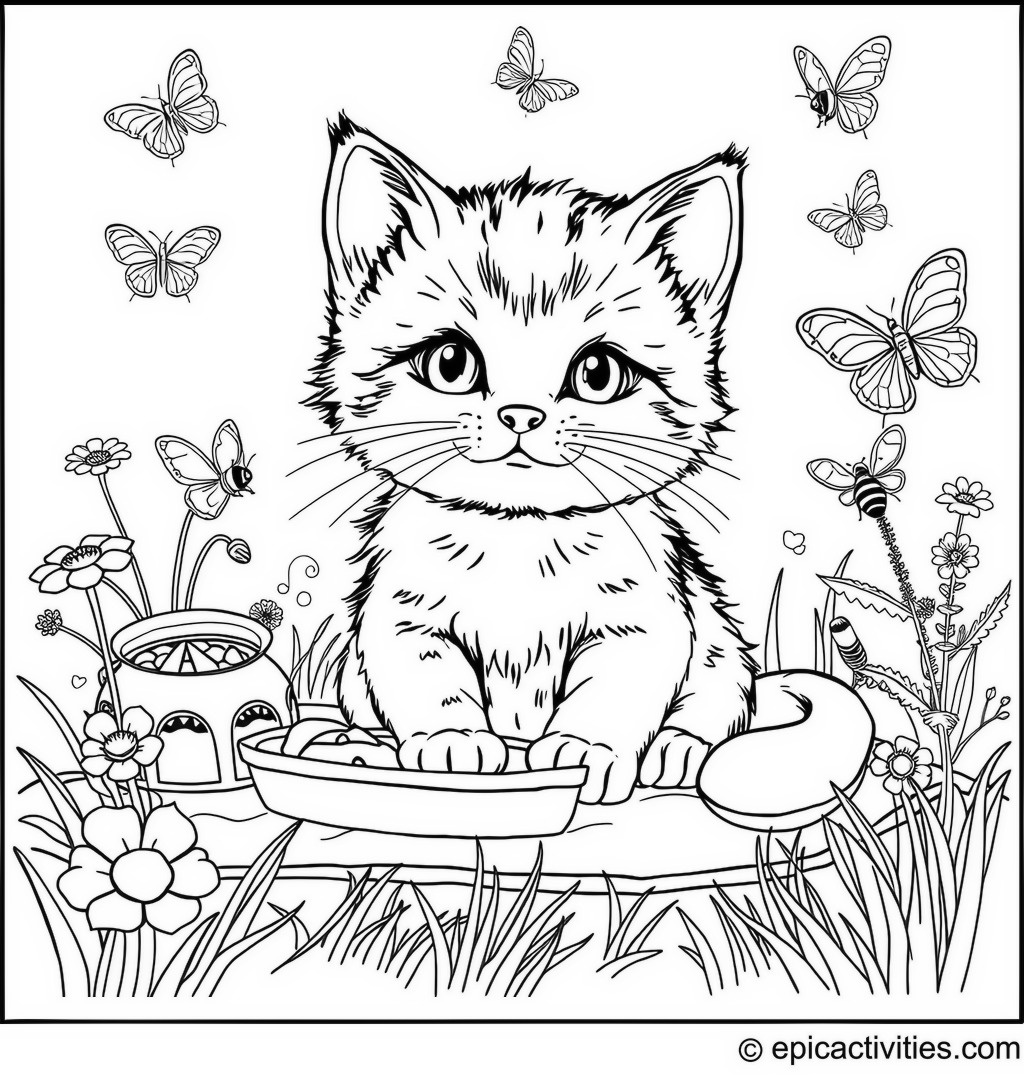 Coloring page of a cute kitten having a picnic with butterflies and bees