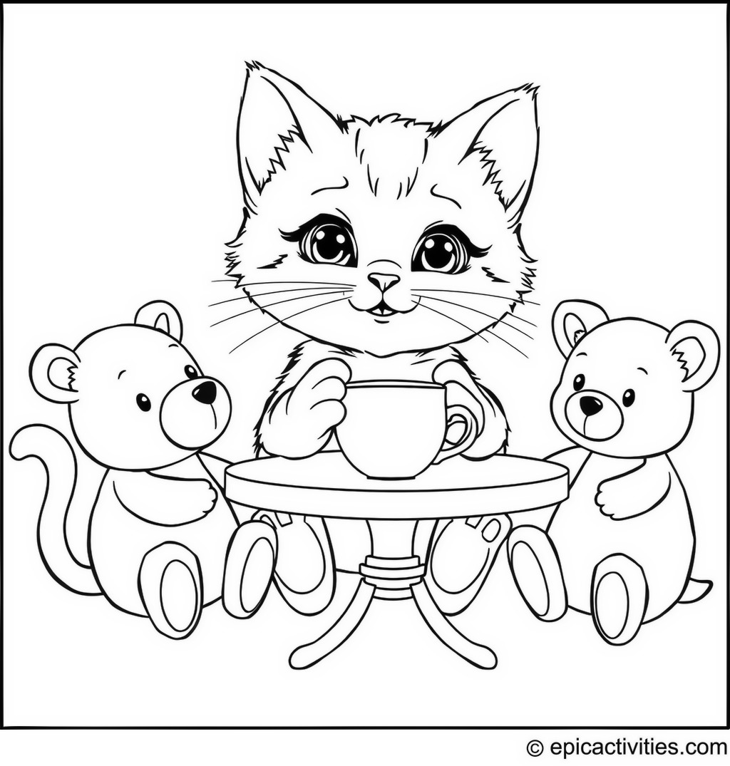 Coloring page of a Cute Kitten Having Tea with Stuffed Animals