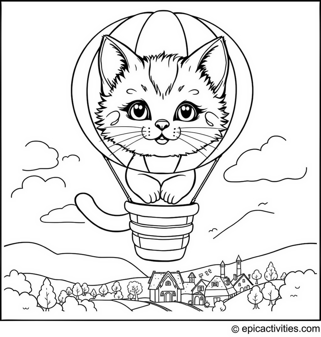 Coloring page of a Cute Kitten in a Cat Head Hot Air Balloon Floating over a Village