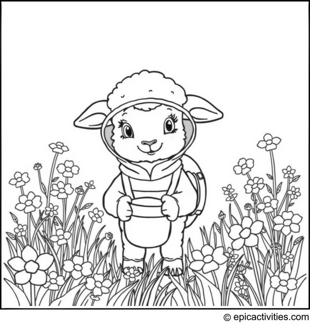 Coloring page of a cute lamb collecting honey with a beekeeping outfit in a flowering field