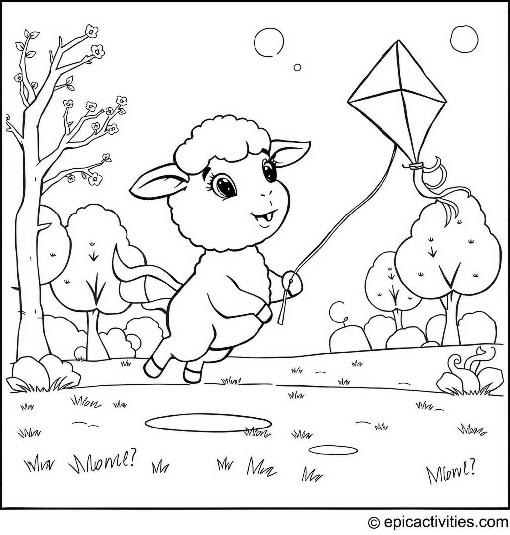 Coloring page of a Cute Lamb Flying a Dragon Kite in a Cartoon Park