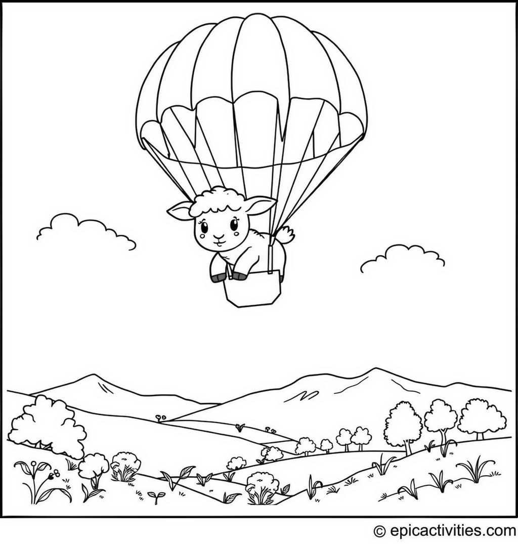 Coloring page of a Cute Lamb Flying a Parachute