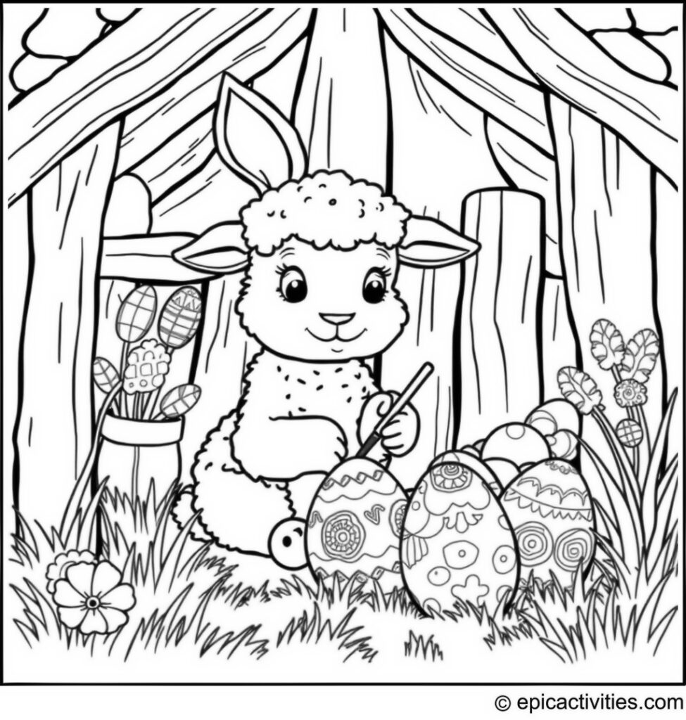 Coloring page of a cute lamb painting Easter eggs in a bunny's house