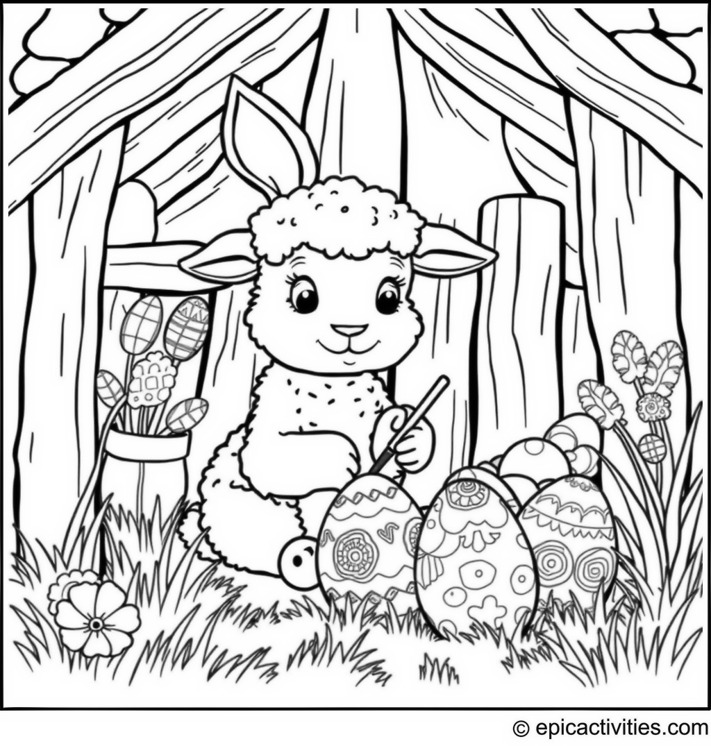 Coloring page of a cute lamb painting Easter eggs in a bunny’s house