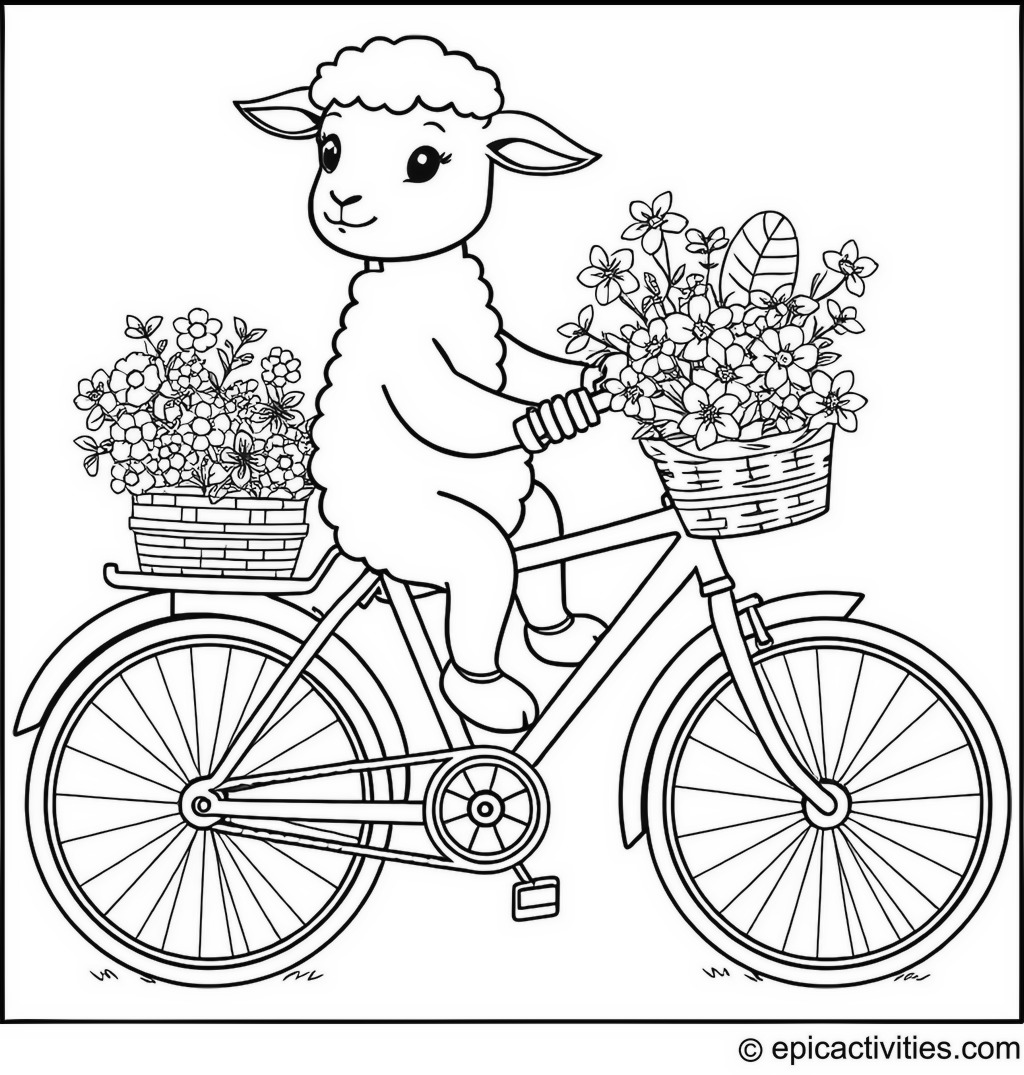 Coloring page of a Cute Lamb Riding a Bicycle with a Basket of Flowers