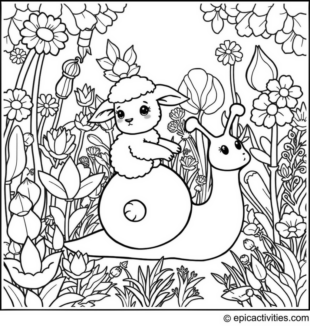 Coloring page of a cute lamb riding a giant snail in a whimsical garden