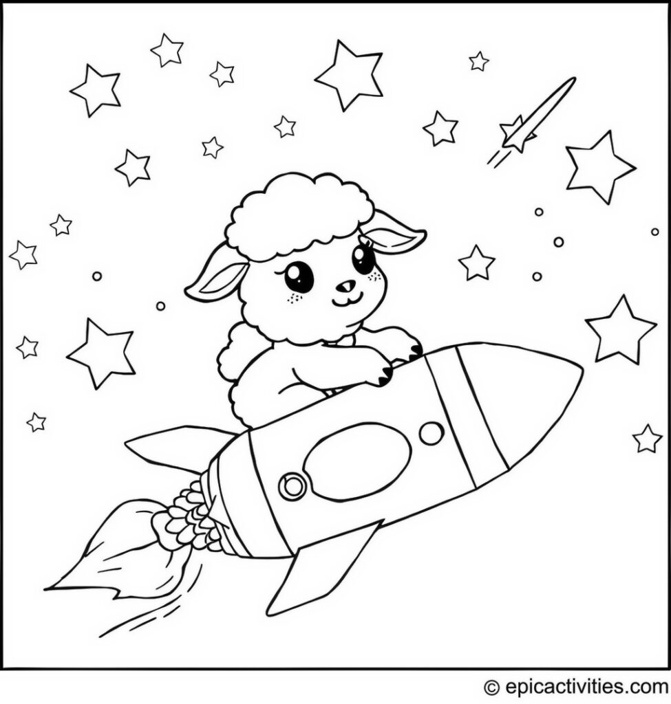 Coloring page of a cute lamb riding a rocketship with stars and comets