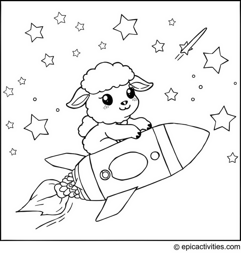 Coloring page of a cute lamb riding a rocketship with stars and comets