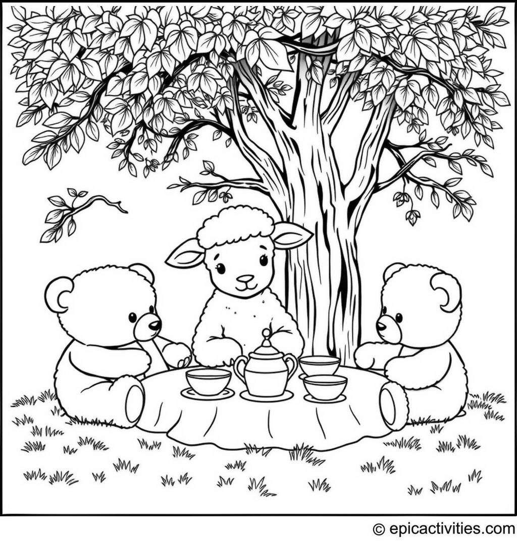 Coloring page of a Cute Lamb’s Tea Party with Teddy Bears and Toy Dishes