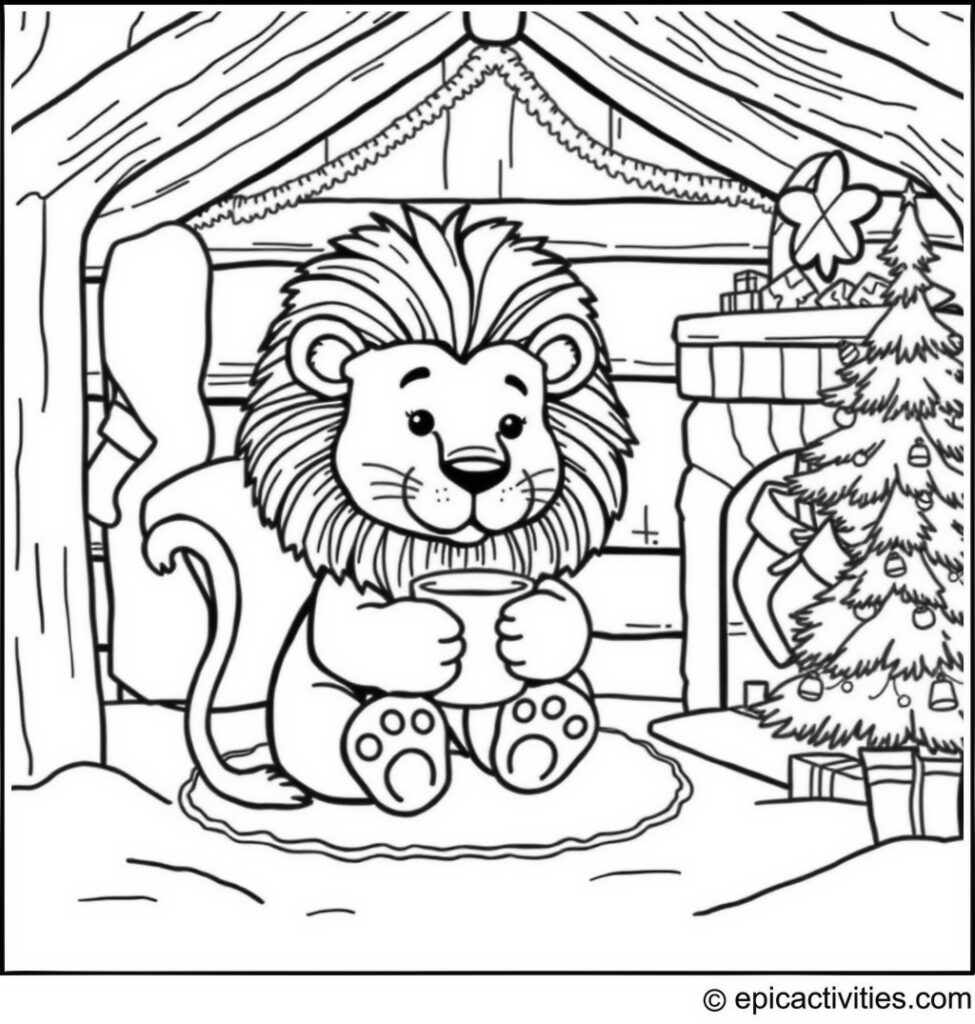 Coloring page of a cute lion in a cozy winter cabin sipping hot cocoa