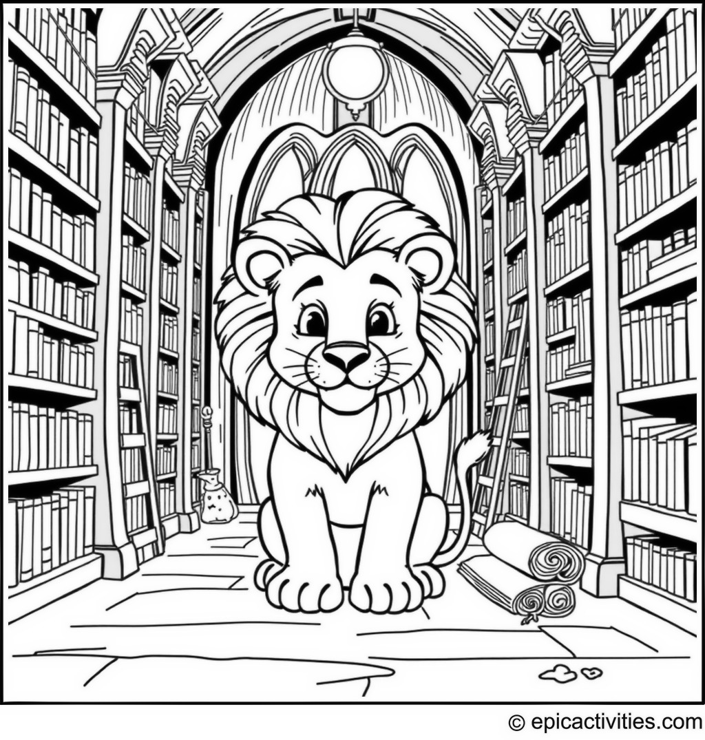 Coloring page of a Cute Lion in an Extraordinary Library