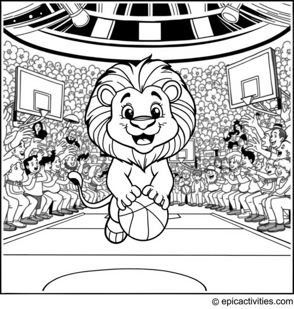 Coloring page of a cute lion playing basketball on a cartoonish court